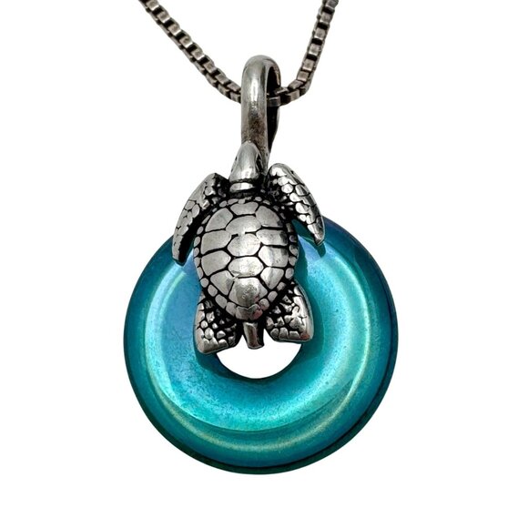 Sterling Silver Sea Turtle Necklace Blue Glass Pendant Vintage Italy 925 - Picture 1 of 8